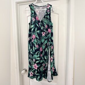 Old Navy Black Maxi Dress with Green Leaves & Pink Flowers